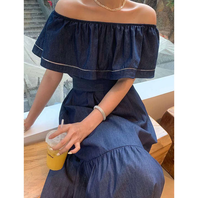 Korean chic summer retro elegant one-word collar off-the-shoulder splicing ruffled waist slimming denim dress female