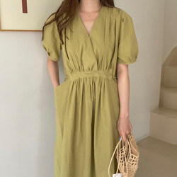 Korean chic summer niche retro V-tie waist slimming solid color puff sleeve chiffon dress long skirt for women