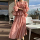 Korean chic sweet round neck lotus leaf loose puff sleeve shirt + high waist large swing skirt suit women