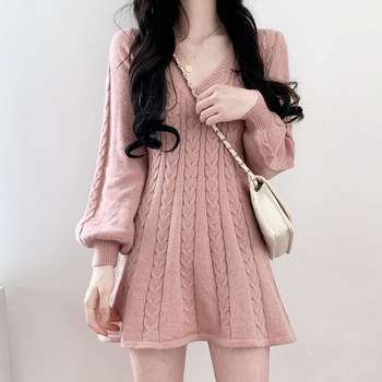 Korean chic elegant and slim V-neck linen pattern waist slim small lantern sleeve knitted dress short skirt