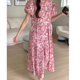 Korean chic summer retro elegant round neck pleated waist long loose flying sleeve ink print dress