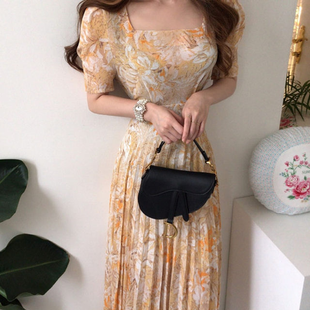 Korean chic early spring niche elegant square neck ink flower print waist slim puff sleeve pleated dress