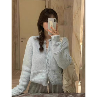 韩国chic秋冬法式温柔风圆领镂空提花软糯长袖针织开衫毛衣外套女