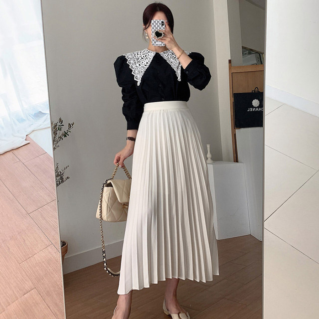 Korean chic light familiar style hollow hook flower puff sleeve shirt + high waist slim drape pleated skirt long skirt