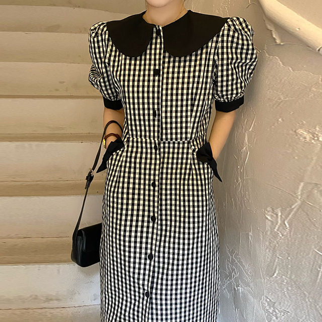 Korean chic gentle age-reducing doll collar bow decoration waist slim puff sleeve plaid dress female