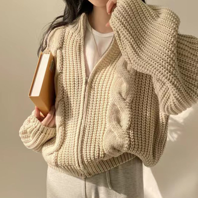 Korean chic autumn and winter all-match lazy wind round neck zipper linen pattern design loose long-sleeved knitted sweater jacket