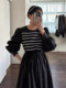 Korean chic spring retro ethnic style braided contrasting lace-up waist slimming lantern sleeve dress long skirt for women