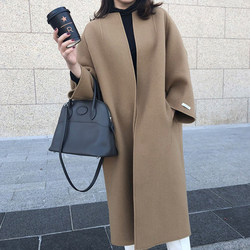 Korean chic minimalism autumn and winter temperament double pocket long sleeve mid-length cardigan woolen coat coat for women