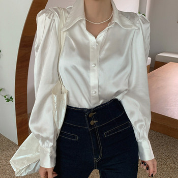 Korean chic temperament wild lapel single-row wrap button glossy satin loose pleated puff sleeve shirt women