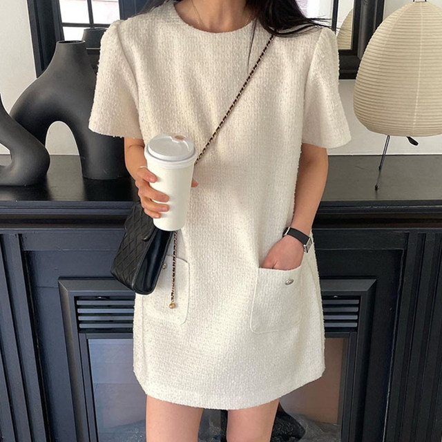 Korean chic French style round neck pocket design loose casual short-sleeved tweed dress short skirt for women