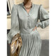 Korean chic temperament stand-up collar single-breasted button pleated glossy tie slimming high waist lantern sleeve dress long skirt