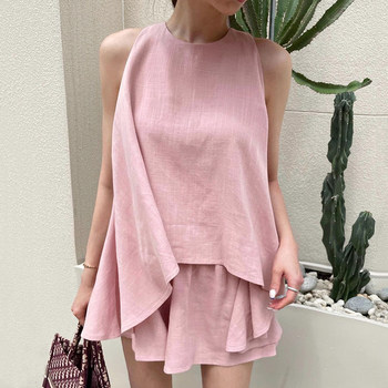 Korean chic gentle round neck loose irregular off-the-shoulder vest + high-waist casual wide-leg shorts two-piece set for women