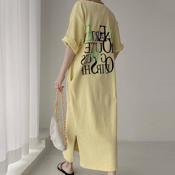 Korean chic niche casual round neck letter printing pleated design loose all-match short-sleeved slit dress women