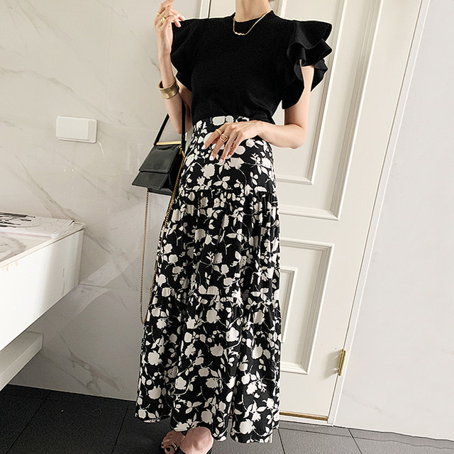 Korean chic temperament round neck double layer lotus leaf flying sleeve T-shirt + high waist flower skirt long skirt suit female