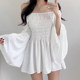 Korean chic spring gentle temperament one-line collar off-shoulder pleated waist-slimming bell-sleeved dress for women