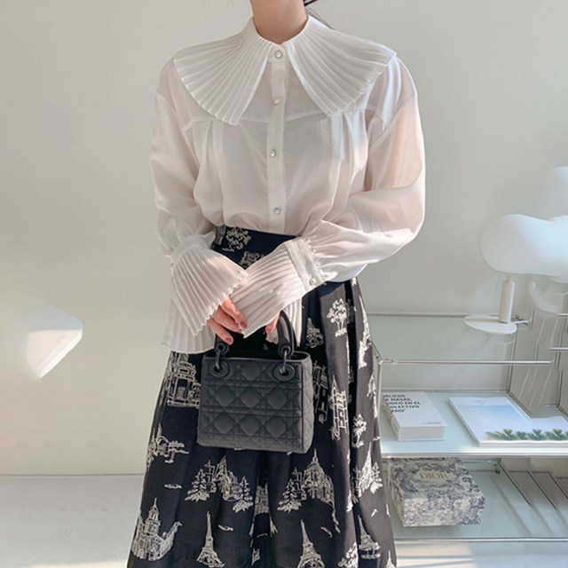 Korean chic temperament pleated large lapel single-breasted flared sleeve shirt + high waist printed skirt long skirt women