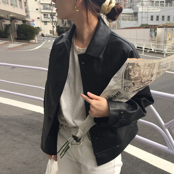 Korean chic autumn retro handsome lapel single-breasted loose casual long-sleeved motorcycle suit leather short jacket female