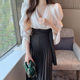 Korean chic elegant cross V-neck irregular lace waist slim puff sleeve pleated long dress women