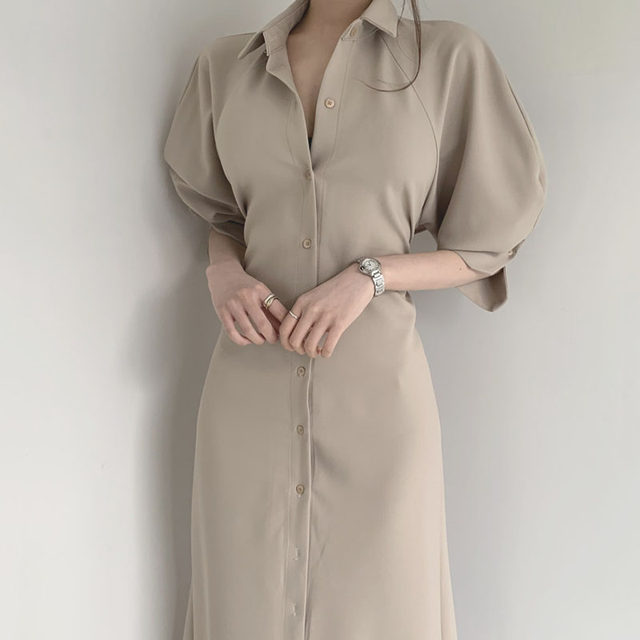 Korean chic French lapel single-breasted button careful machine backless straps waist after split lantern sleeve dress female