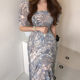 Korean chic early spring niche elegant square neck ink flower print waist slim puff sleeve pleated dress