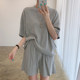 Korean chic summer simple round neck pullover thin sweater + high waist loose wide leg casual shorts suit