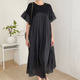 Korean chic summer French gentle round neck stitching wrinkle design ruffled flying sleeve dress long skirt