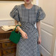 Korean chic niche retro round neck careful machine hollow out waist drawstring design puff sleeve plaid dress