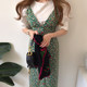 Korean chic spring wild round neck loose puff sleeve shirt + slim long floral suspender dress female