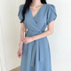 Korean chic temperament elegant cross V-neck one-piece tie waist slimming puff sleeve mid-length dress