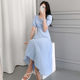 Korean chic French style light familiar style thin square neck tie waist puff sleeves mid-length pleated dress women