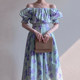 Korean chic elegant one-neck off-the-shoulder pleated design high waist puff sleeve flower dress with belt