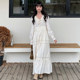 Korean chic autumn French palace style V-neck splicing lace waist long-sleeved white dress for women