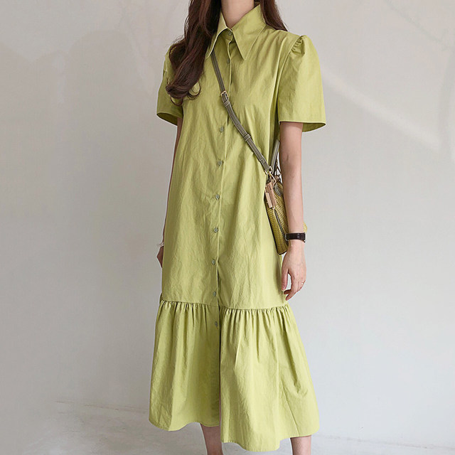 Korean chic summer French pointed collar single-breasted loose puff sleeves casual over-the-knee fishtail dress female