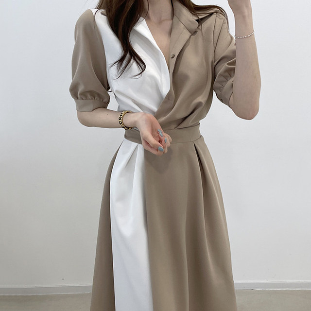 Korean chicc summer French niche lapel design sense of contrast stitching one button waist short-sleeved dress