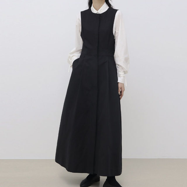 Korean chic autumn simple lapel strapped puff sleeve shirt + pleated strap dress long skirt suit female