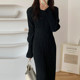 Korea chic autumn retro simple round neck folds design elastic waist bag hip long-sleeved dress little black dress