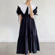 Korean chic spring age-reducing navy large lapel stitching fungus edge tie waist lotus leaf dress female