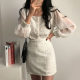 Liangliangjia retro temperament square collar stitching puff sleeve tweed shirt + high waist bag hip skirt suit women