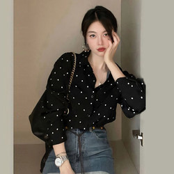 Korean chic spring retro Hepburn style lapel contrasting color polka dot design loose casual versatile long-sleeved shirt for women