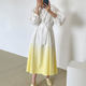 Korean chic spring French niche stand-up collar gradient halo dyeing design sense tie waist lantern sleeve dress female
