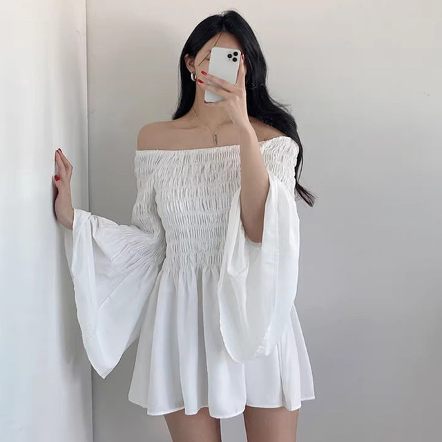 Korean chic spring gentle temperament one-line collar off-shoulder pleated waist-slimming bell-sleeved dress for women