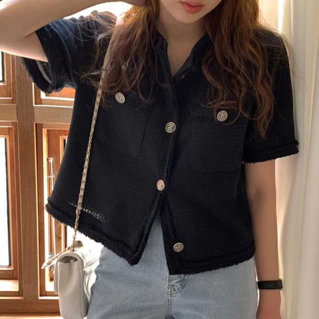 Korean chic French temperament round neck raw edge embellished single-breasted loose all-match short-sleeved tweed short coat