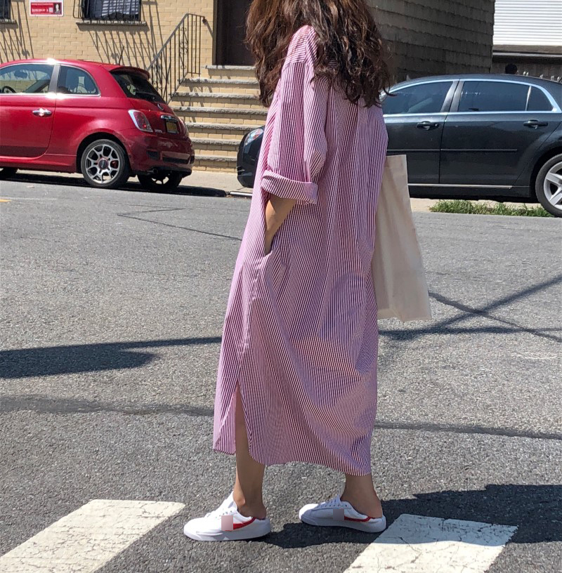 Hàn Quốc chic hoang dã nhỏ tươi sọc cổ áo Polo đơn áo ngực oversize dài áo nữ - Sản phẩm HOT váy xòe đẹp