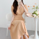 Korean chic summer elegant temperament cross V-neck waist slim puff sleeve stitching pleated dress women