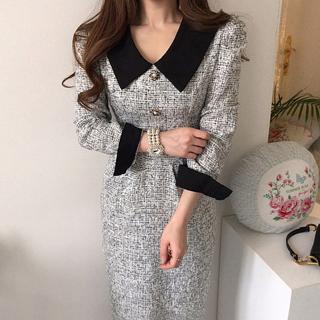 Liangliangjia retro temperament contrasting color lapel pleated lace waist thin and thick long tweed dress women