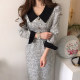 Liangliangjia retro temperament contrasting color lapel pleated lace waist thin and thick long tweed dress women