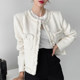 Korean chic French round neck heavy work raw edge stitching chic single-breasted loose pocket woolen tweed short coat