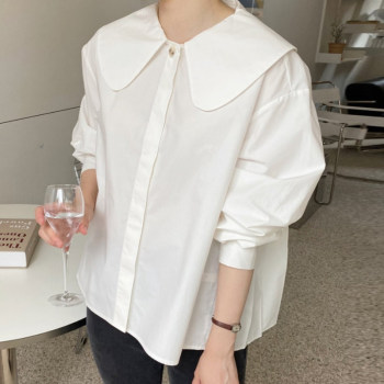 Korean chic autumn age-reducing doll collar back pleated design loose all-match puff sleeve shirt top women