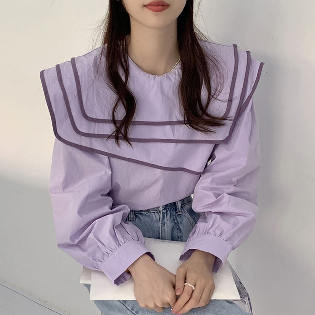 韩国chic秋季温柔香芋紫三层海军领不规则撞色镶边宽松长袖衬衫女