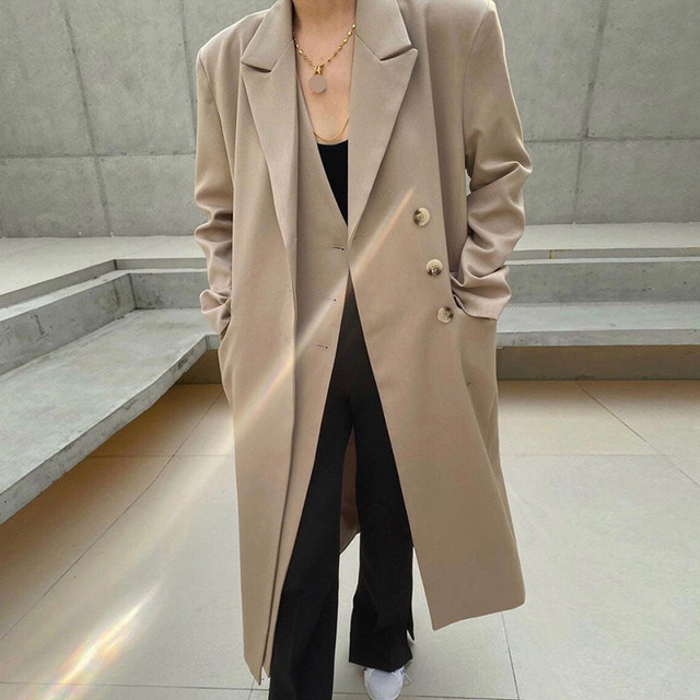 Korean chic autumn and winter French temperament suit collar double placket design loose over the knee long suit jacket women